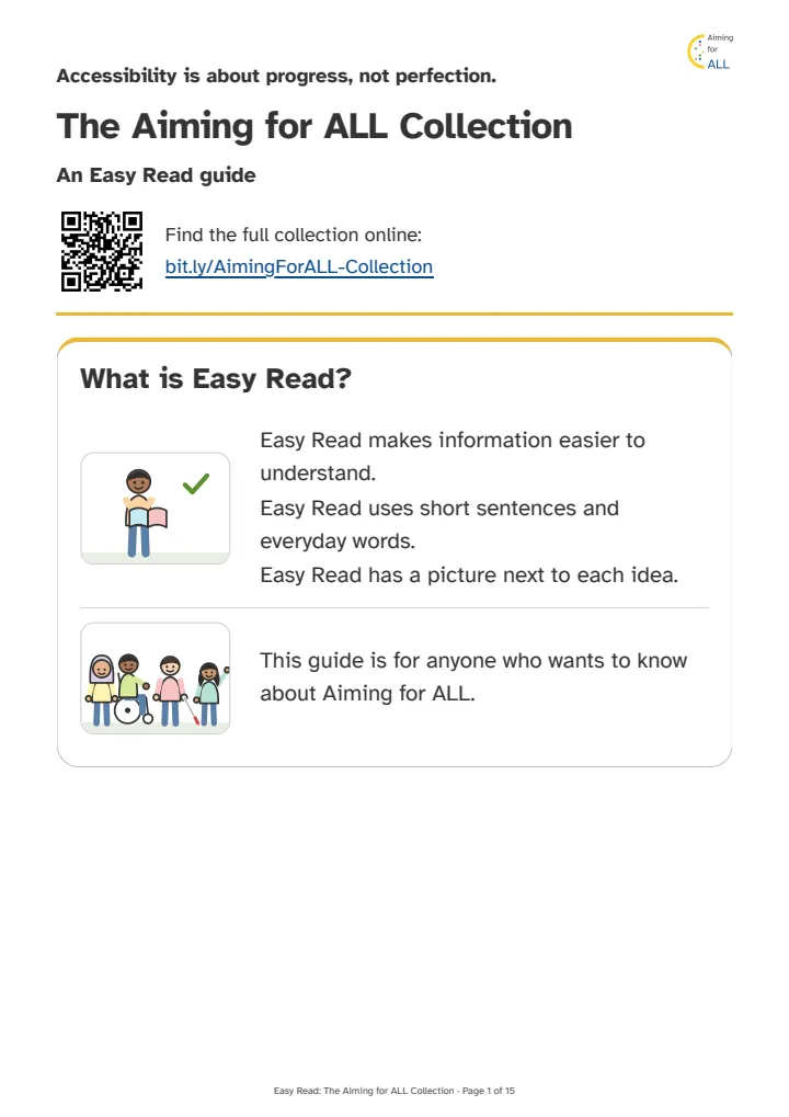 The first page of the Easy Read guide. It shows the title, a QR code, and the section What is Easy Read?