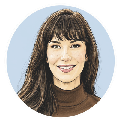 Pencil sketch of Beth Stark, smiling, with long hair and bangs, wearing a turtleneck