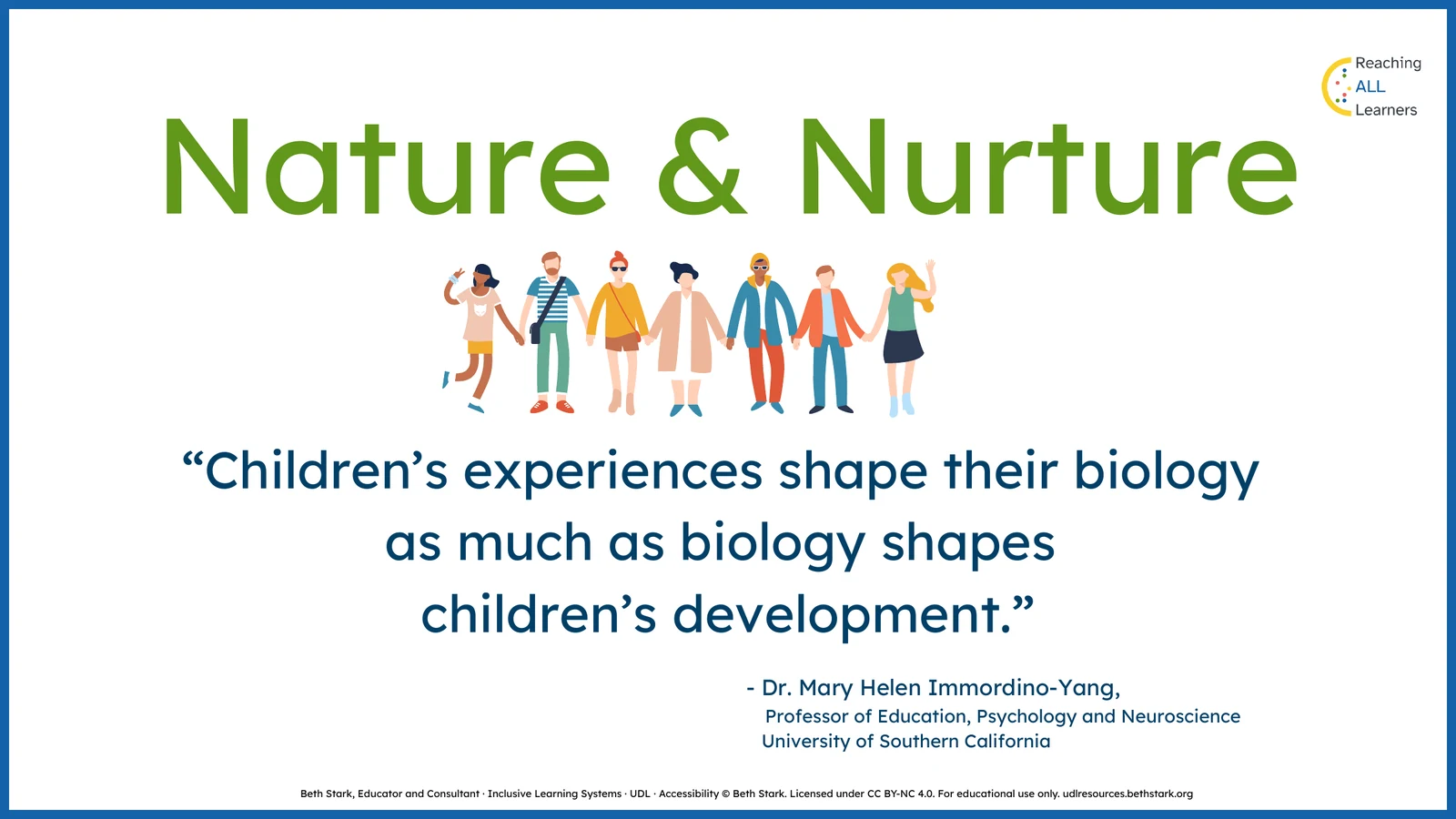 Nature and Nurture. A row of diverse people holding hands above a quote from Dr. Mary Helen Immordino-Yang, Professor of Education, Psychology and Neuroscience, University of Southern California: “Children’s experiences shape their biology as much as biology shapes children’s development.”