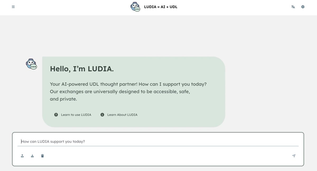 The LUDIA chat window. LUDIA says hello, offers two buttons, Learn to use LUDIA and Learn About LUDIA, and has a box where you type your question.