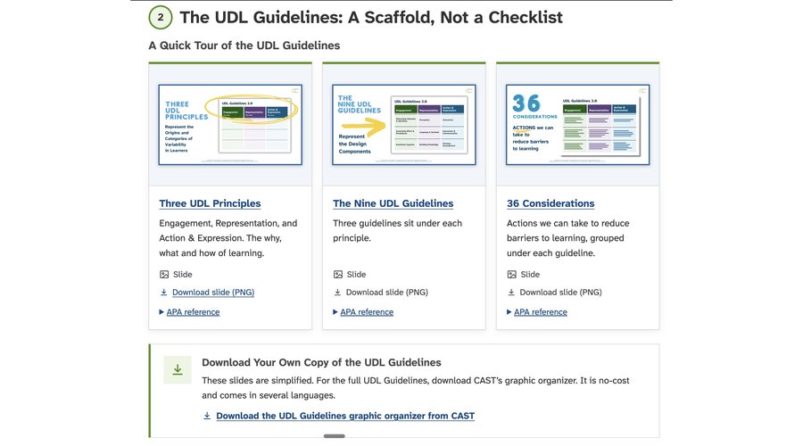 Screenshot of the UDL Guidelines page: Topic 2, The UDL Guidelines: A Scaffold, Not a Checklist, with the three UDL principles slides.