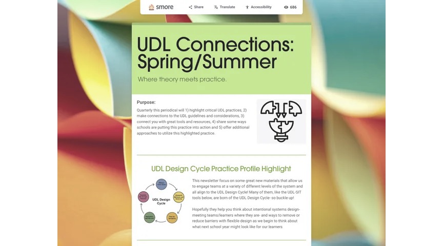 Cover of the UDL Connections Spring/Summer newsletter from the Ohio UDL Collaborative, titled Where theory meets practice.