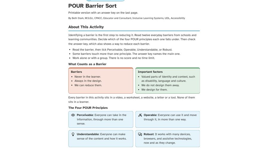 Page one of the POUR Barrier Sort activity from the Aiming for ALL Collection, showing the four POUR principles.